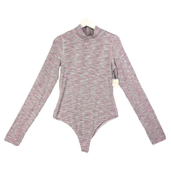 FREE PEOPLE Mockneck Long Sleeve Snap Back Bodysuit Women SZ L Colorful Rib Knit - Picture 2 of 10